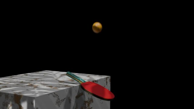 Ping Pong ball bouncing on a red and blue table tennis paddle, dark backdrop,3D sports background, loop animation