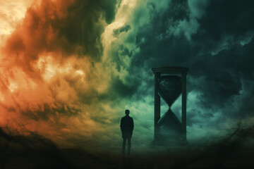 solemn figure standing before a massive hourglass, its sands rapidly depleting, as the sky darkens and clouds gather ominously, symbolizing the urgency of time before doomsday, - obrazy, fototapety, plakaty