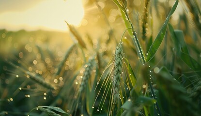 Golden sunrise over dew-covered green fields, highlighting the delicate balance of nature and the awakening of life - obrazy, fototapety, plakaty