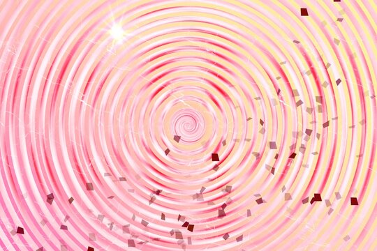 Kolorowe koncentryczne okręgi w czerwono - białej kolorystyce z efektem rozbłysku światła i gradientu oraz drobnym deseniem bordowego konfetti - abstrakcyjne tło, tapeta © ellaa44