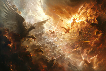 The final battle between good and evil, with Michael and his angels fighting against the dragon and his legions of darkness, judgment day, doomsday, God is Judging,