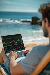 Successful rich stock trading investor, man trader or broker relaxing on summer beach at sea using laptop computer investing money in rising financial market analyzing charts on screen. Over shoulder.