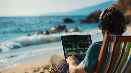 Successful rich stock trading investor, man trader or broker relaxing on summer beach at sea using laptop computer investing money in rising financial market analyzing charts on screen. Over shoulder.