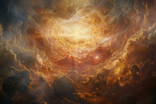 The heavens ablaze with divine light as the righteous ascend in glory, while the earth below trembles under the weight of judgment day, doomsday, God is Judging,