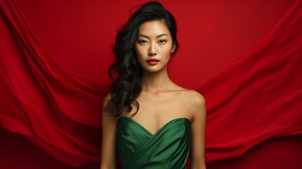 Serene Beauty in Green Gown dress with Red Silk Backdrop