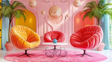 An interior design concept shows a retro room with velvet armchairs in pink and orange colors.