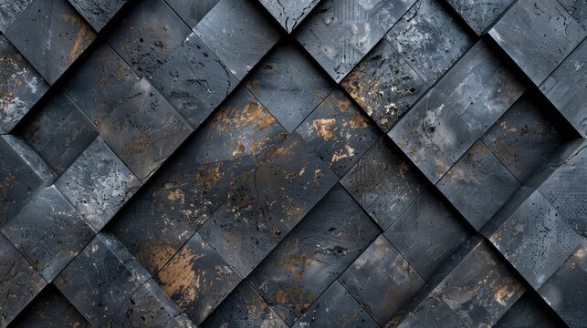Abstract dark blck anthracite gray grey 3d vintage worn shabby lozenge diamond rue motif tiles stone concrete cement marbled stone wall texture wallpaper background, seamless pattern.