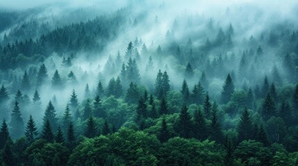 Amazing mystical rising fog forest trees landscape in black forest blackforest ( Schwarzwald )...