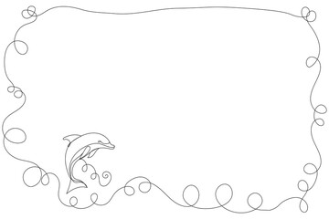 Line Art Dolphin Fish Frame. One Continuous Line Drawn Border Isolated on White. Minimalist Black and White Doodle Sketch Illustration. Advertising Letter Blank Page Template. Editable Vector Symbol
