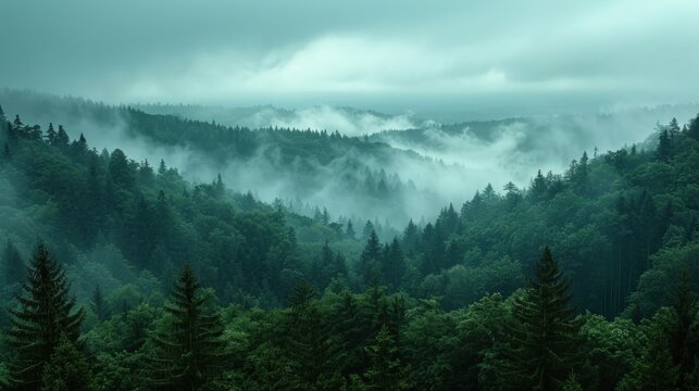 Fototapeta Amazing mystical rising fog forest trees landscape in black forest blackforest ( Schwarzwald ) Germany panorama banner