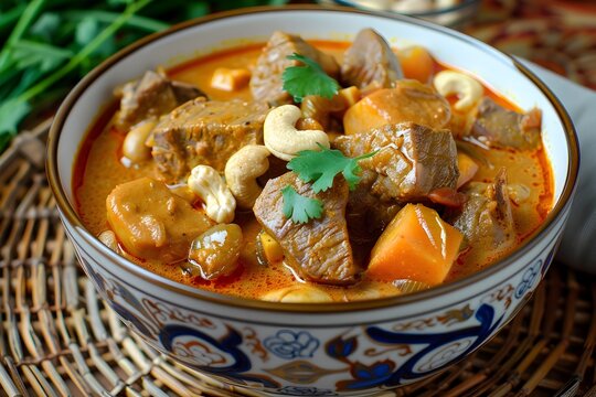 Savory Beef and Vegetable Stew in Traditional Ceramic Bowl
