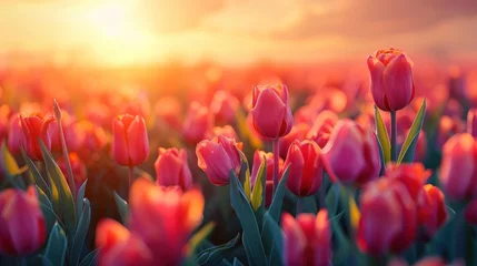 Foto op Plexiglas Warm oranje Panoramic landscape of blooming tulips field illuminated in spring by the sun,banner design.