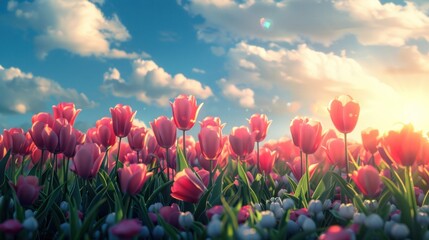 Panoramic landscape of blooming tulips field illuminated in spring by the sun,banner design.