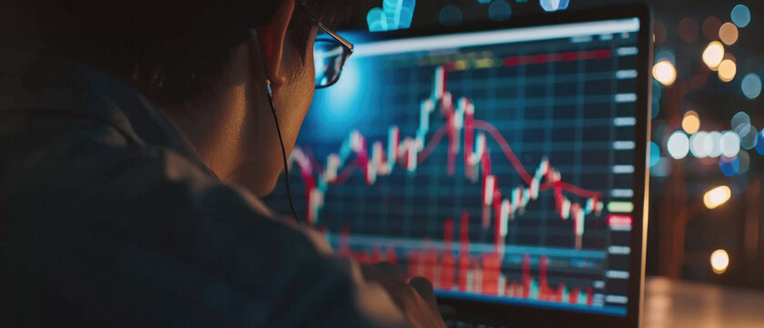 Stock trading investor, trader or broker working analysing exchange market using laptop computer investing money in rising financial market analyzing charts data on computer screen.