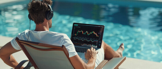 Successful rich stock trading investor, man trader or broker relaxing on summer vacation at pool using laptop computer investing money in financial market analyzing charts on screen. Over shoulder.
