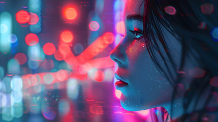 Striking abstract of beautiful bokeh lights in vivid pinks and blues, symbolizing festivities and digital vibrations - obrazy, fototapety, plakaty