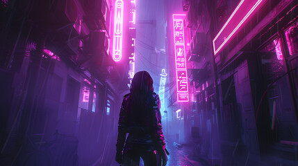 A solitary woman stands against a neon-soaked cityscape, evoking future noir and urban solitude - obrazy, fototapety, plakaty