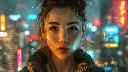 Digital artwork of a female subject's captivating expression against a blurred neon background