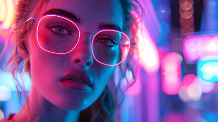 Vibrant neon lights outline a woman's soaked features and reflective glasses in this digital art - obrazy, fototapety, plakaty