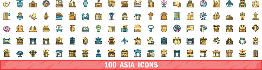 100 asia icons set. Color line set of asia vector icons thin line color flat on white