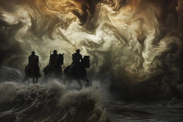 four horsemen silhouetted against a backdrop of swirling storms and crashing waves, heralding the end of days with dread and foreboding, - obrazy, fototapety, plakaty