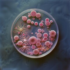 3D illustration of various bacterial colonies thriving in a Petri dish, representing the complexity of microbiological ecosystems.