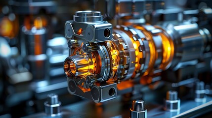 Close-up of a complex industrial machine part with glowing elements, highlighting precision engineering and advanced manufacturing processes.