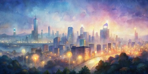 Fototapeta na wymiar Digital painting of a modern city in the fog. Digital painting on canvas.