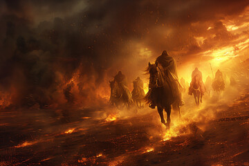 The horsemen galloping across a scorched earth, leaving devastation in their wake as they fulfill their divine mandate of judgment, - obrazy, fototapety, plakaty