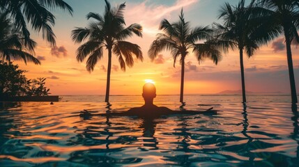 man lying in a pool on his back at sunset on a beautiful paradisiacal beach in high resolution and high quality. vacation,beach concept
