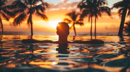 man lying in a pool on his back at sunset on a beautiful paradisiacal beach in high resolution and high quality. vacation concept,beach,man - obrazy, fototapety, plakaty