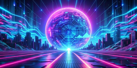 3D abstract background with neon lights and wireframe. 3d illustration