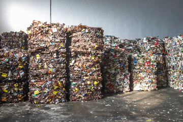 Plastic bales of rubbish at the waste treatment processing plant. Recycling separatee and storage...