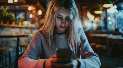 Young sad woman in the depressing world of mobbing and social media.