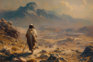 A devout pilgrim, traversing through barren deserts and treacherous terrain, guided by the light of his Bible towards a distant horizon, - obrazy, fototapety, plakaty