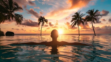 man lying in a pool on his back at sunset on a beautiful paradisiacal beach in high resolution and high quality. vacation concept,beach,man,rest