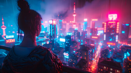 The back of a woman's head is foregrounded against a vibrant, neon-lit city skyline that suggests a high-energy, nocturnal world