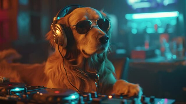 Comical Dog Deejay Mixing Tracks at a Party. Generative ai