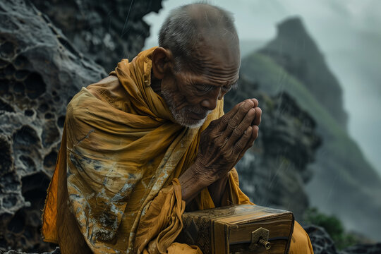An aged monk, his face weathered by time, kneeling in prayer before a majestic landscape, clutching a golden book of scripture to his chest,