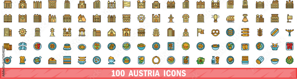 Poster 100 austria icons set. color line set of austria vector icons thin line color flat on white - Posters