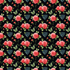 ornament, flowers, red rose, dark background, seamless pattern