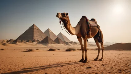 Fotobehang A camel in the desert with a background view of the Giza pyramids and a afternoon clear sky. © Rizky Rahmat Hidayat