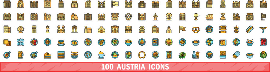 100 austria icons set. Color line set of austria vector icons thin line color flat on white - obrazy, fototapety, plakaty