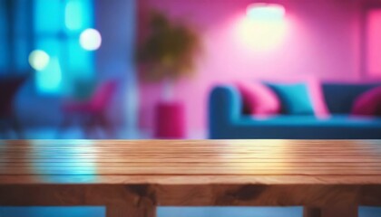 Close-up  modern living room with table room with a table, neon light background with light pink blue lights neon, Wood table with blurred modern apartment interior background, interior