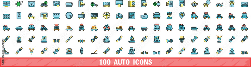 Poster 100 auto icons set. color line set of auto vector icons thin line color flat on white