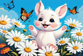 Fototapeta premium happy animal in a field of daisies.