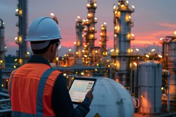 Industrial tech master overseeing with a white safety helmet in front of an oil refinery. Petrochemical gas industry zone. Oil storage tanks and pipelines. Worker in the refinery. ai generative