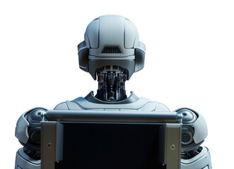 Rear view of AI robot sitting in chair. Transparent png, add your own background. - 761550653