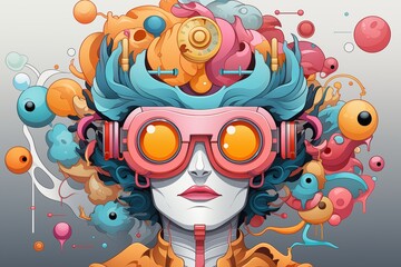 An artistic portrayal of a figure with obscured face, featuring blue hair and red glasses amidst swirling patterns.
