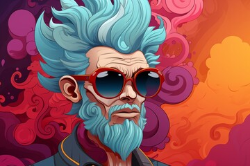 An artistic portrayal of a figure with obscured face, featuring blue hair and red glasses amidst swirling patterns.
